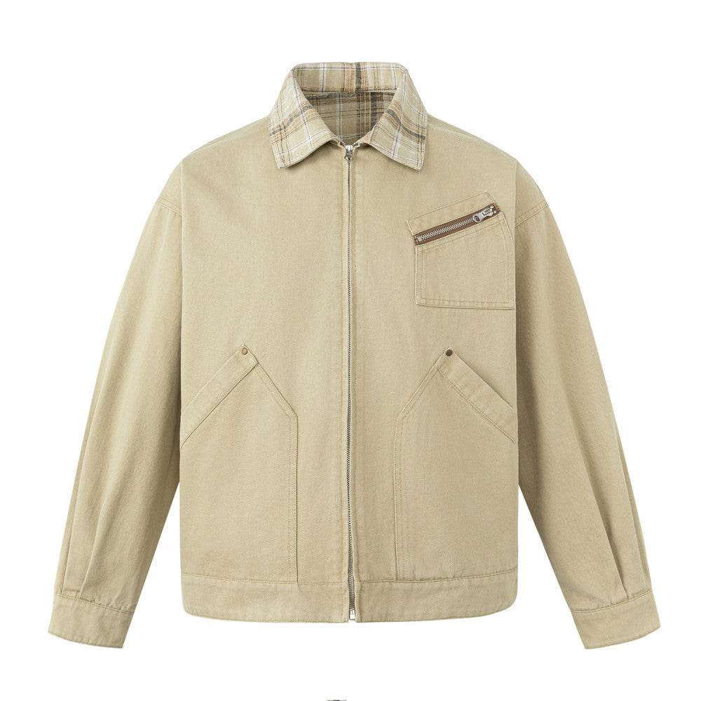 Men's Khaki Workwear Jacket – Relaxed Fit with Plaid Collar & Multi-Pocket