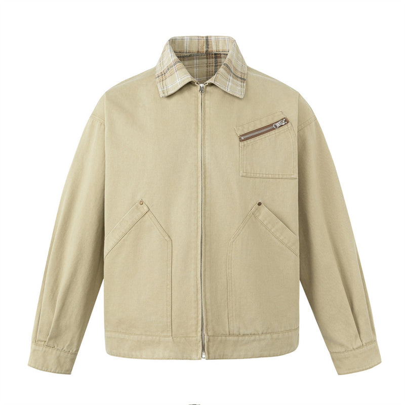 Men's Khaki Workwear Jacket – Relaxed Fit with Plaid Collar & Multi-Pocket