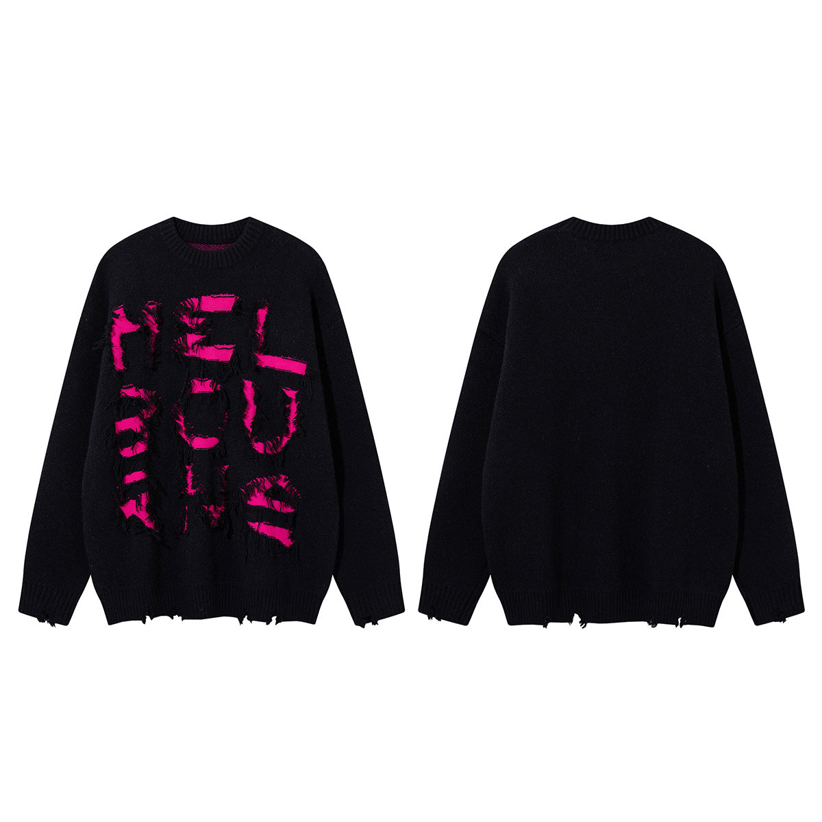 Melbourne Distressed Fringe Knit Sweater – Oversized Streetwear Crewneck
