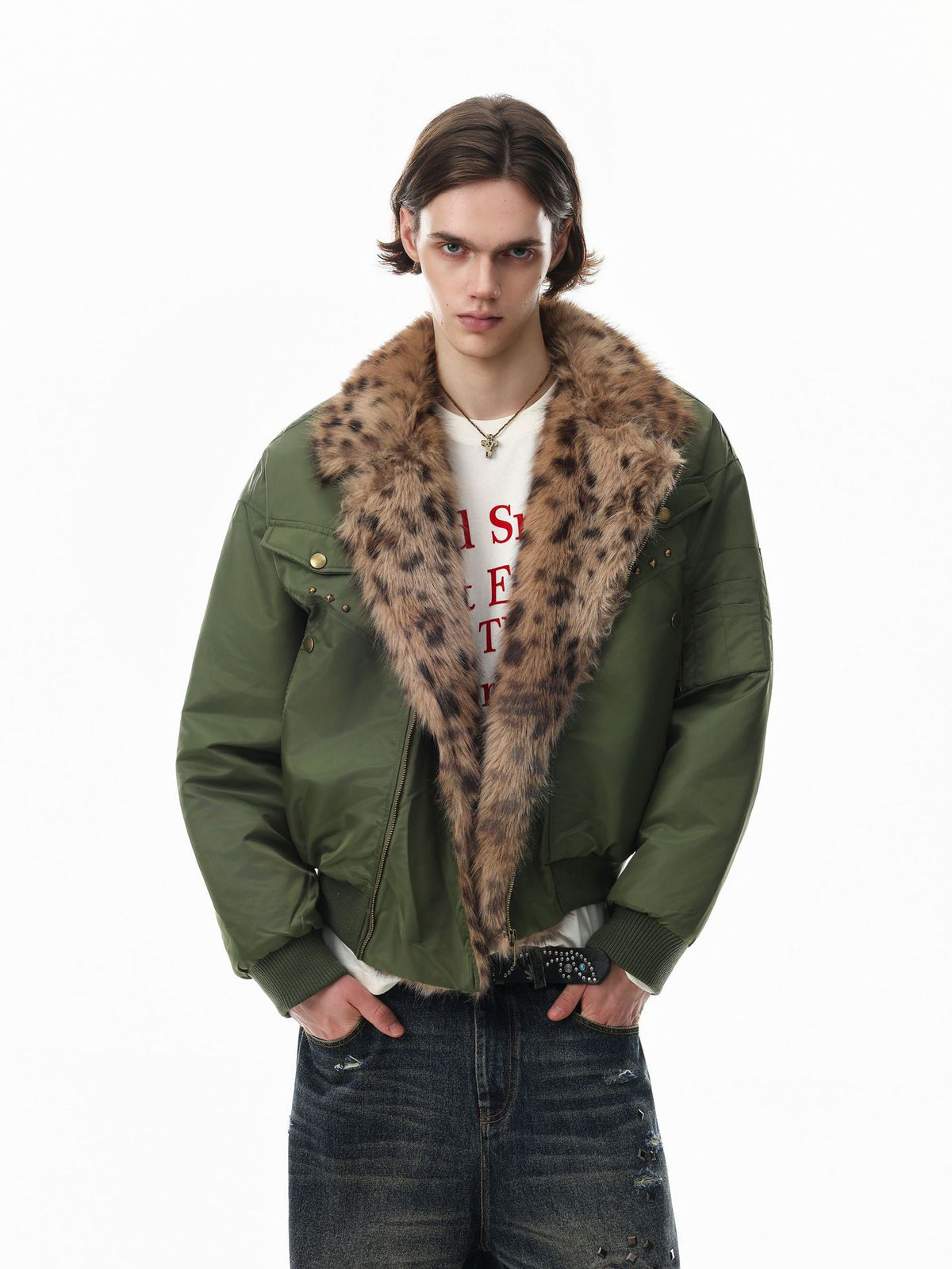 Army green oversized bomber jacket with leopard-print faux fur collar and brass stud hardware, front and back view