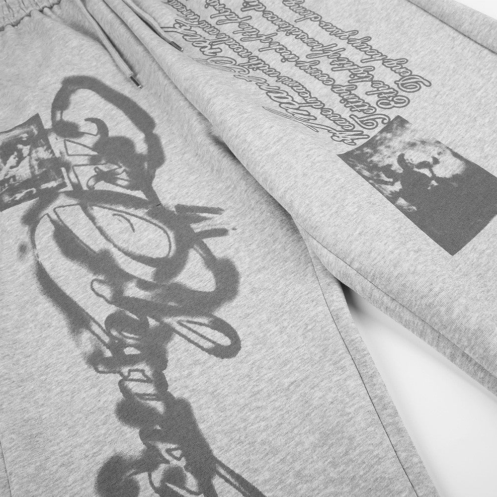 Wide-Leg Sweatpants with Graffiti Script & Vintage Photo Print – Heather Grey