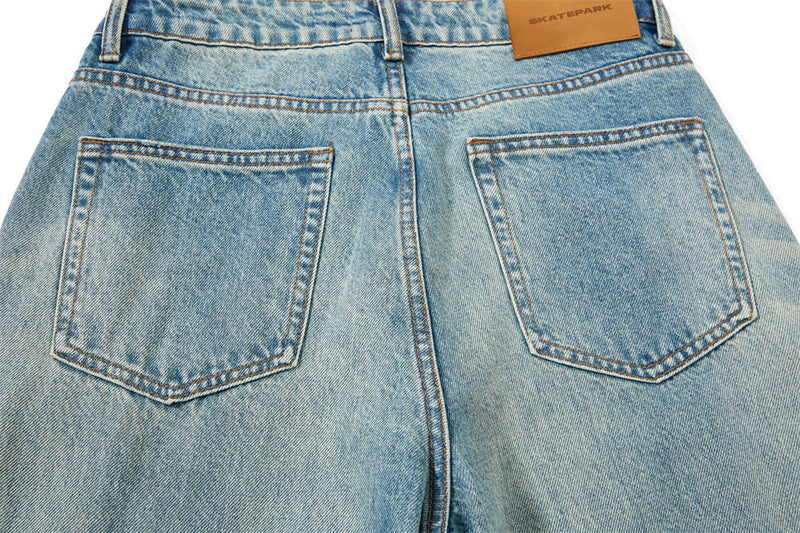 Men's Straight Fit Jeans Baggy Wide-Leg Washed Vintage Light Blue Denim