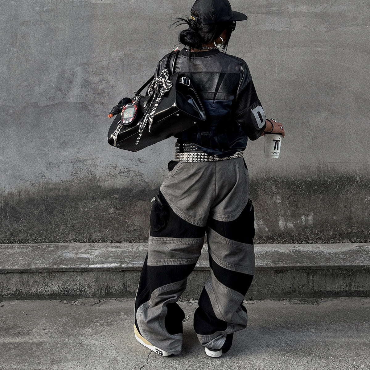 Baggy Cargo Pants Men's Black Grey Patchwork Wide-Leg Tactical Trousers