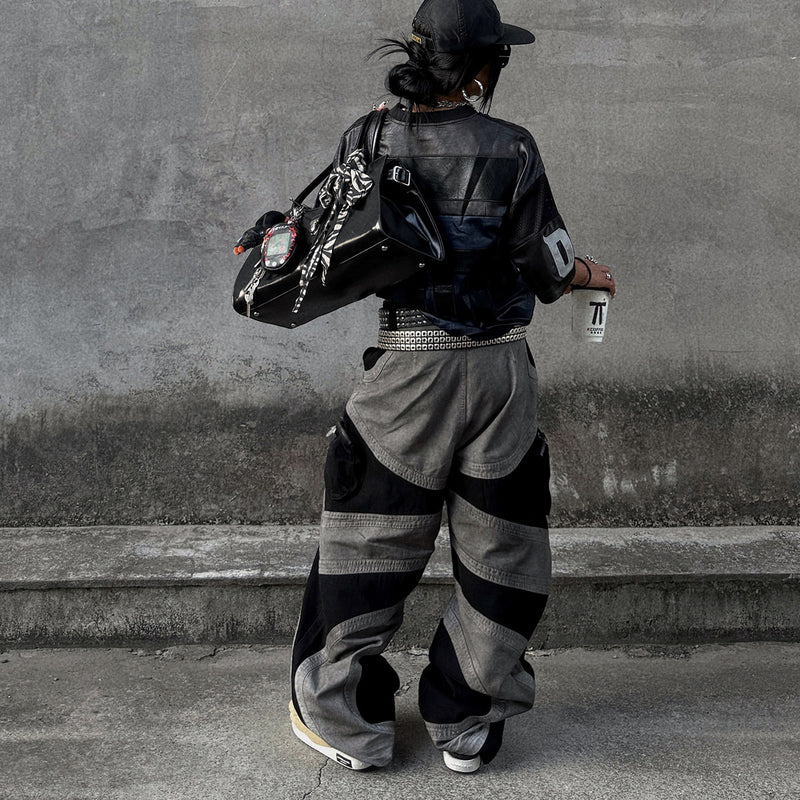 Baggy Cargo Pants Men's Black Grey Patchwork Wide-Leg Tactical Trousers
