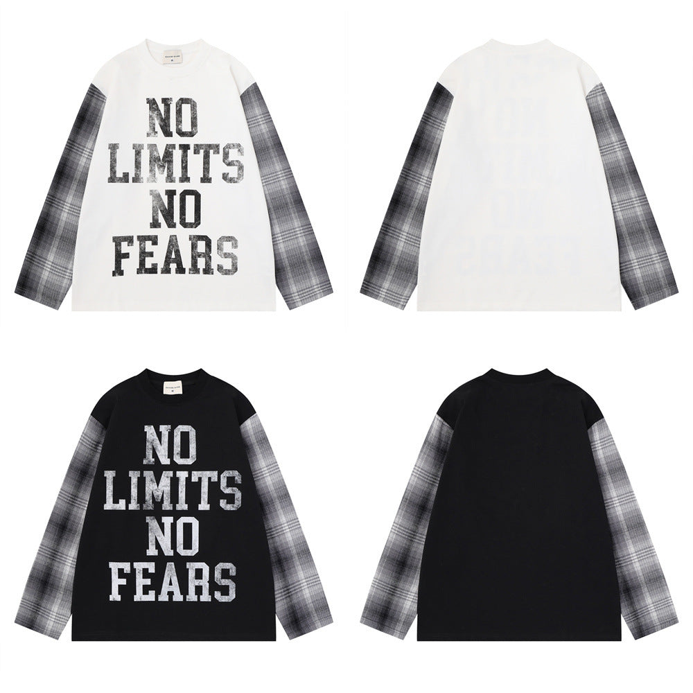 Oversized Langarmshirt mit Grafikprint „No Limits No Fears“ und kontrastierenden grauen Karomusterärmeln in Schwarz und Weiß