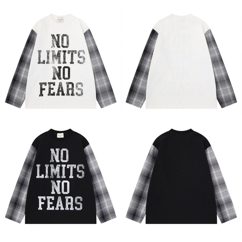 Oversized Langarmshirt mit Grafikprint „No Limits No Fears“ und kontrastierenden grauen Karomusterärmeln in Schwarz und Weiß
