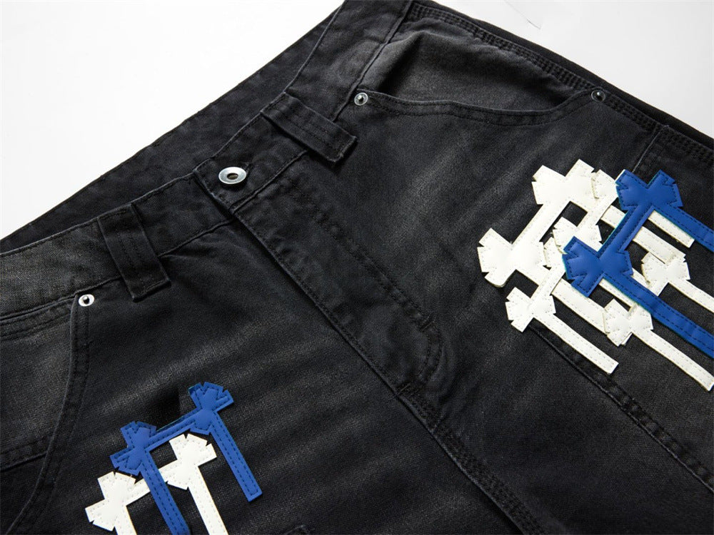 Black Washed Wide-Leg Cargo Jeans with Cross Embroidery Patches