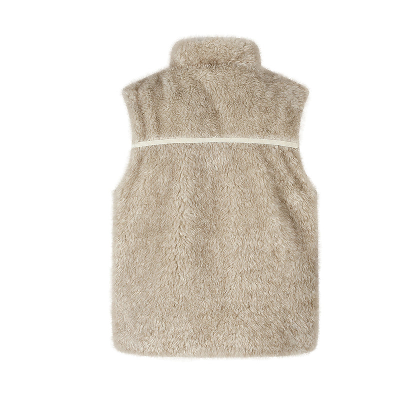Gilet zippé sans manches en imitation peau lainée à col montant – Polaire teddy