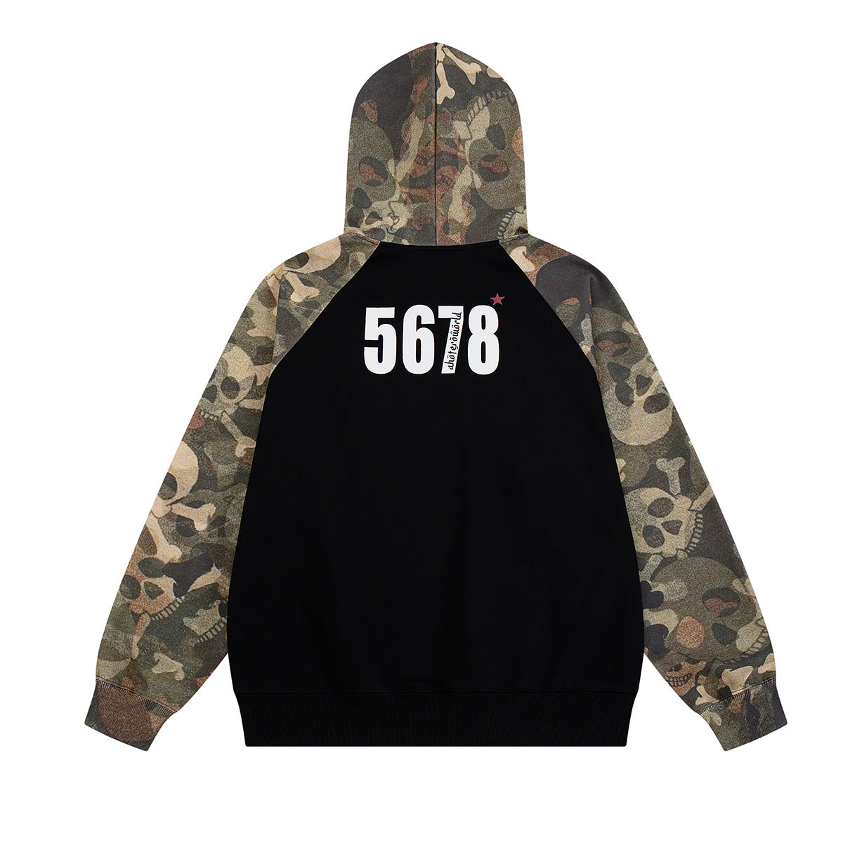 Camo Skull Raglan Hoodie – Colorblock Streetwear Pullover with Graphic Print