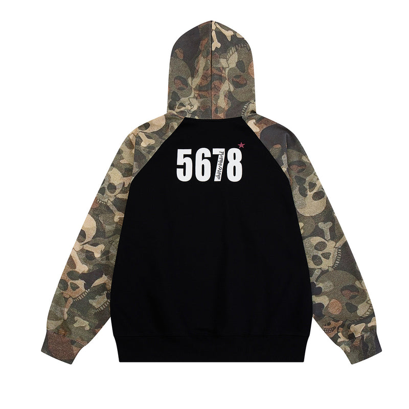 Camo Skull Raglan Hoodie – Colorblock Streetwear Pullover with Graphic Print