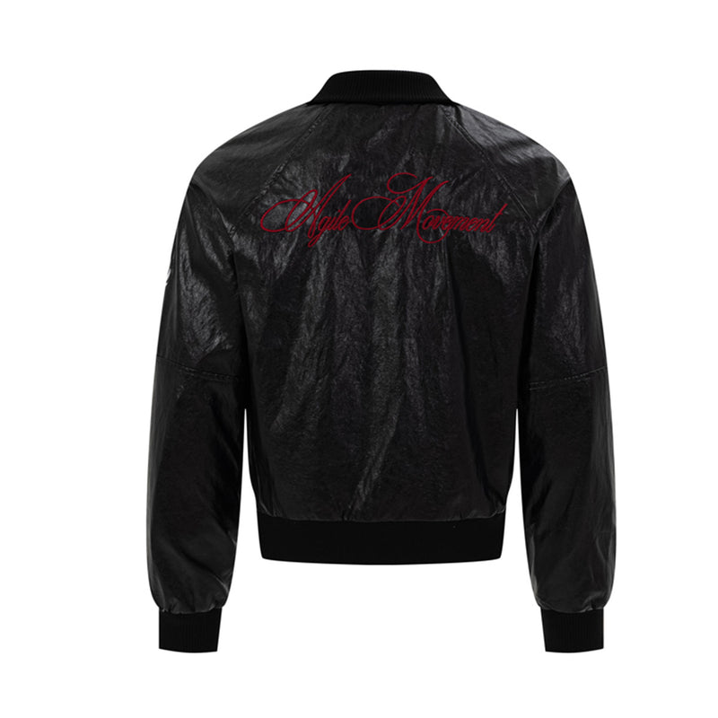 Blouson bomber en similicuir PU brodé – Style vintage racing et flight américain