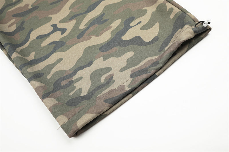 Camo Wide-Leg Sweatpants with Colorblock Orange Waistband and Patches