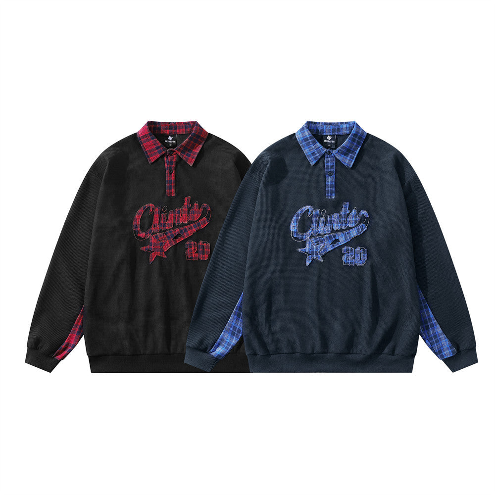 Polo Collar Sweatshirt with Plaid Patchwork & Clints Varsity Graphic