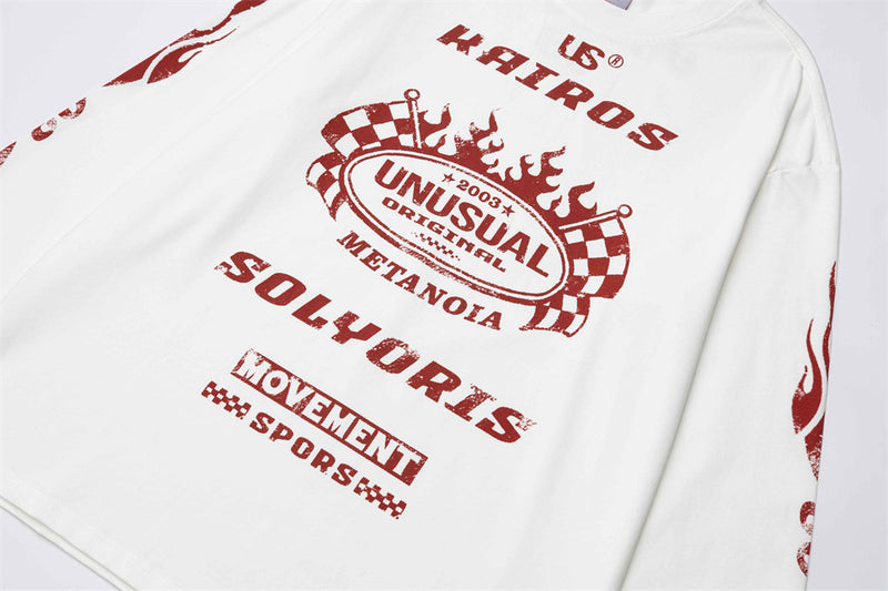 Kairos Unusual Original Graphic Long Sleeve Tee – Relaxed Fit Racing Print