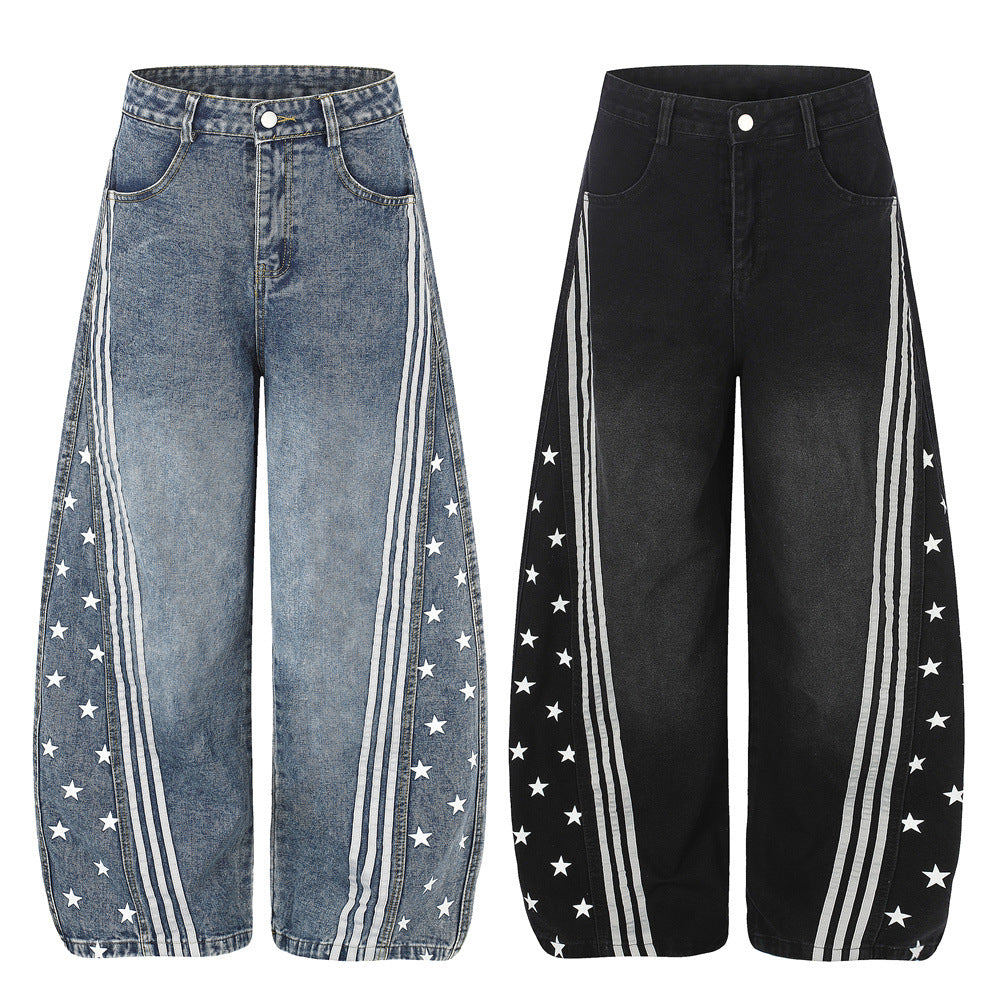 Baggy-Jeans für Herren in Schwarz – Sternprint & Wide-Leg-Denim mit drei Streifen