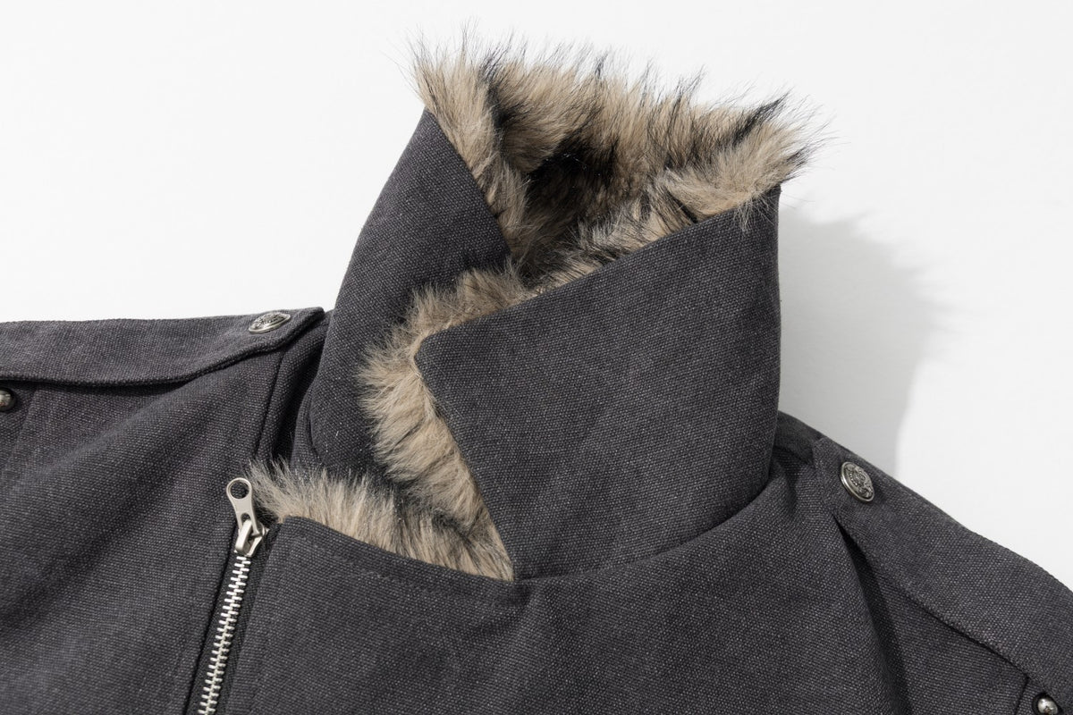 Men's Faux Fur Collar Studded Bomber Jacket – Charcoal Winter Coat