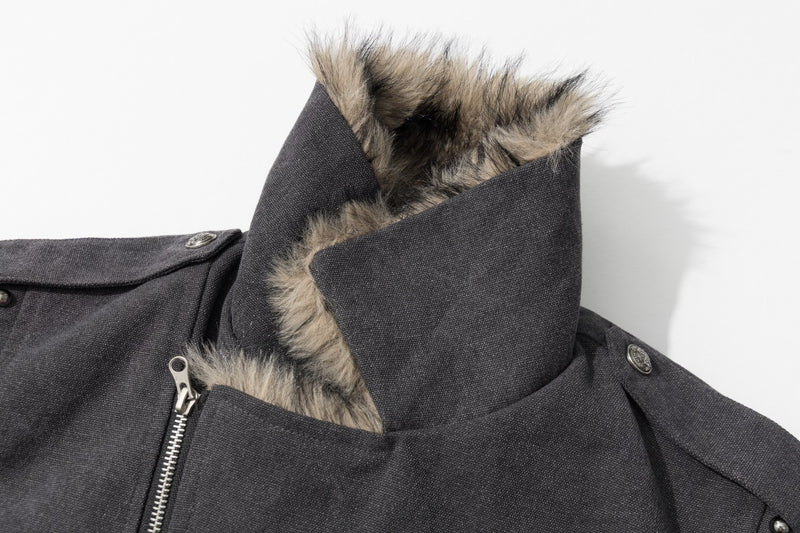 Men's Faux Fur Collar Studded Bomber Jacket – Charcoal Winter Coat