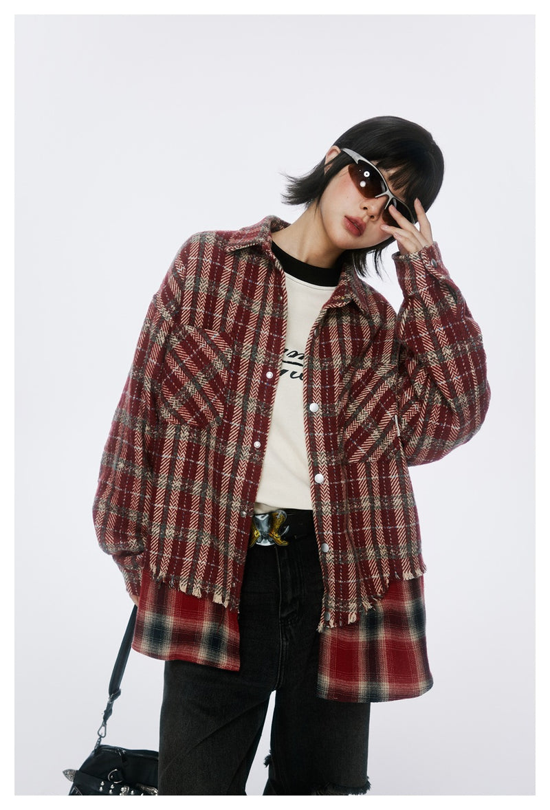 Vintage Plaid Patchwork Fringe Jacket – Oversized Unisex Overshirt