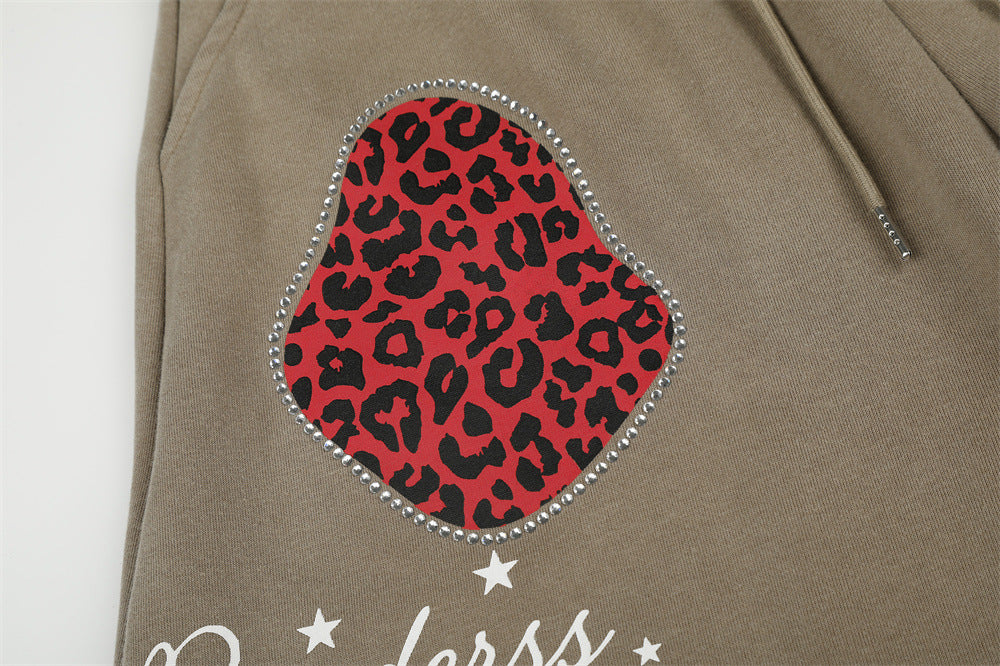 Wide-Leg Sweatpants with Leopard Print Rhinestone Hearts & Varsity Graphic