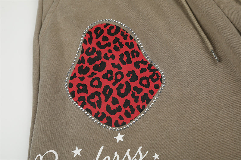 Wide-Leg Sweatpants with Leopard Print Rhinestone Hearts & Varsity Graphic