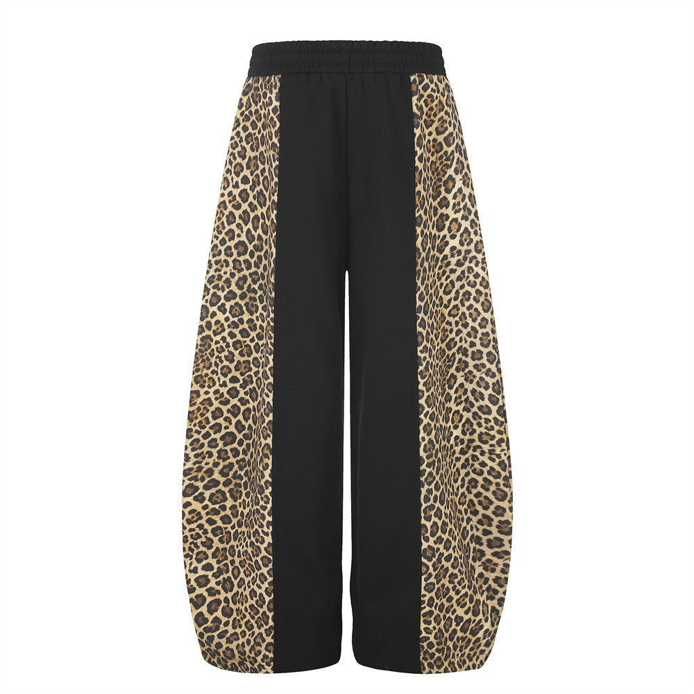 Men's Leopard Print Wide-Leg Sweatpants – Black Colorblock Oversized Street