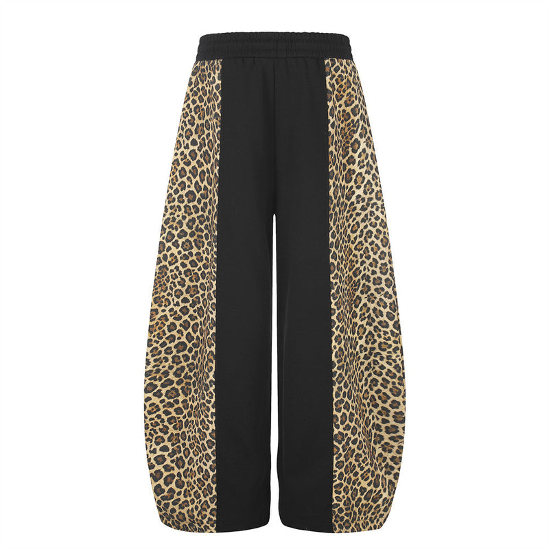 Men's Leopard Print Wide-Leg Sweatpants – Black Colorblock Oversized Street
