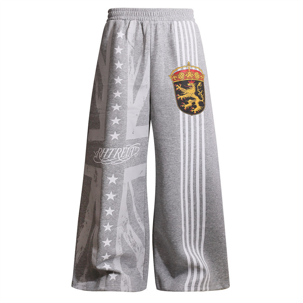 Men's wide-leg sweatpants with star, stripe and heraldic lion crest graphic print in heather grey
