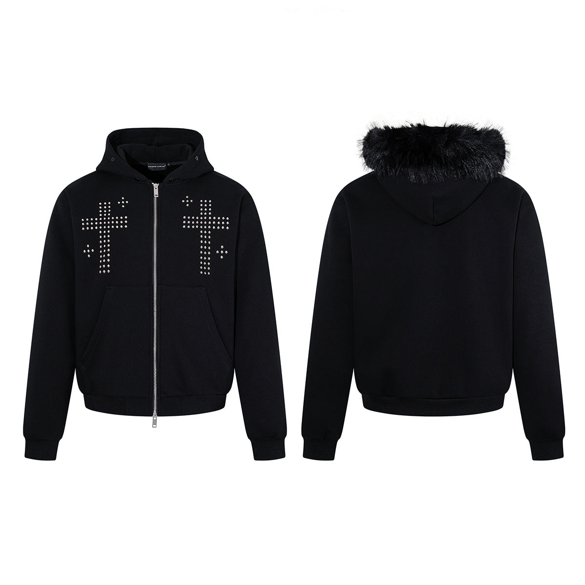 Black boxy zip-up hoodie with faux fur hood trim and silver studded cross designs on the chest, shown front and back