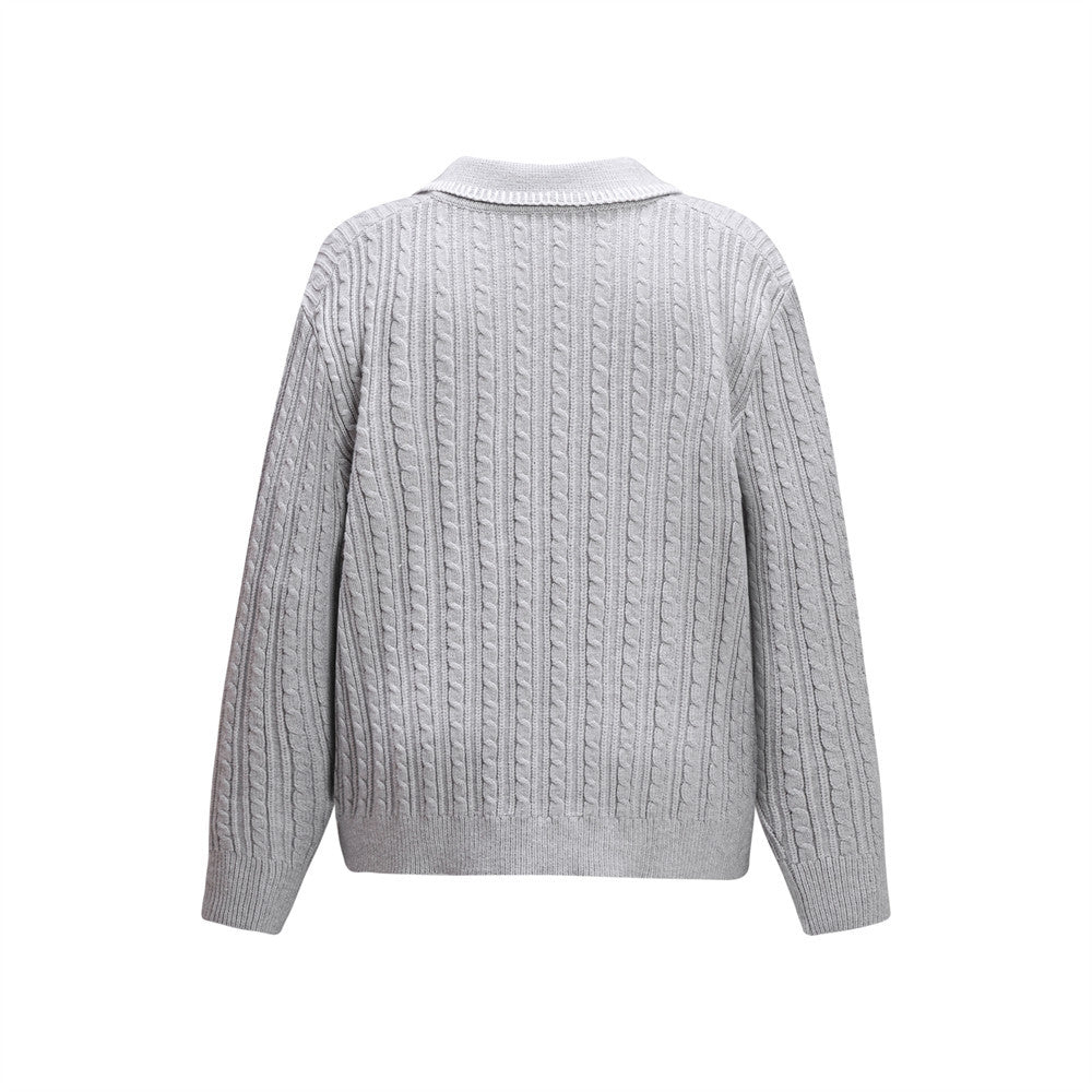 Oversized V-Neck Sweater – Cable Knit Polo Collar Long Sleeve Pullover