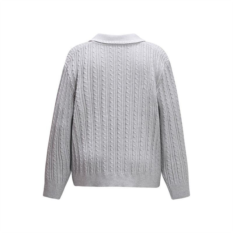Oversized V-Neck Sweater – Cable Knit Polo Collar Long Sleeve Pullover