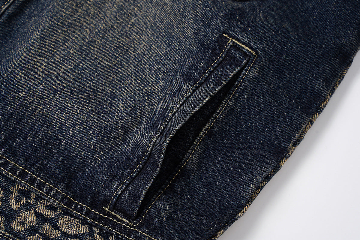 Veste en jean à imprimé léopard – Veste trucker patchwork délavée à col à pointes