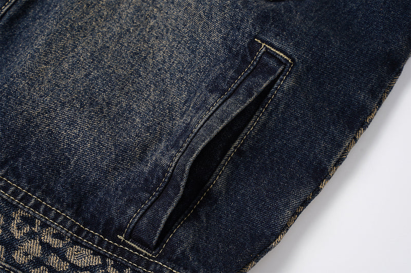 Veste en jean à imprimé léopard – Veste trucker patchwork délavée à col à pointes