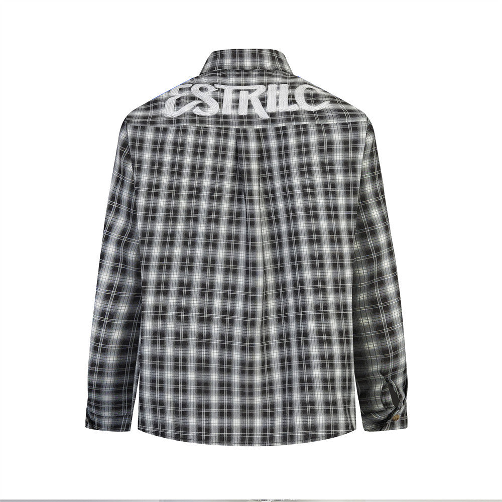 Black plaid button-down shirt back view with large white embroidered logo across the shoulders
