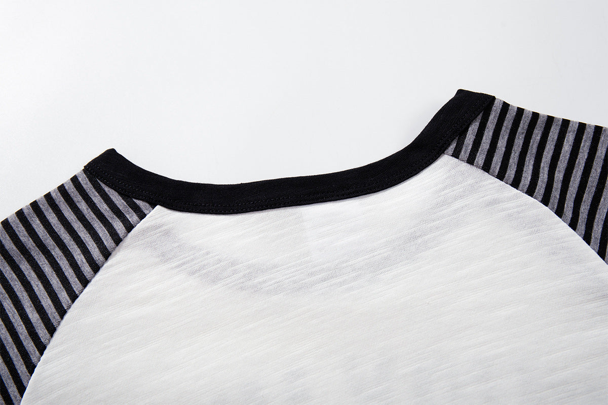 Long Sleeve Raglan Shirt – Rock 'N Roll Graphic, Black & White Striped Sleeves