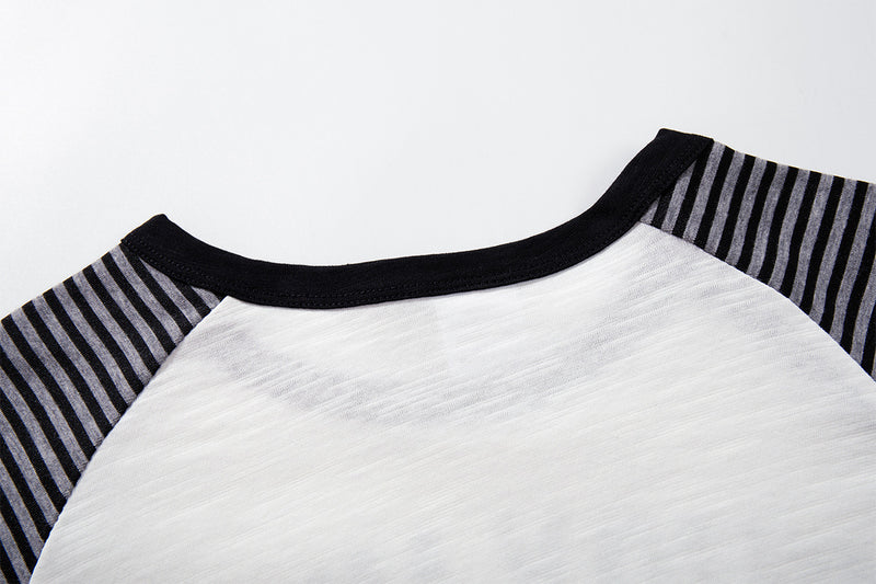 Long Sleeve Raglan Shirt – Rock 'N Roll Graphic, Black & White Striped Sleeves