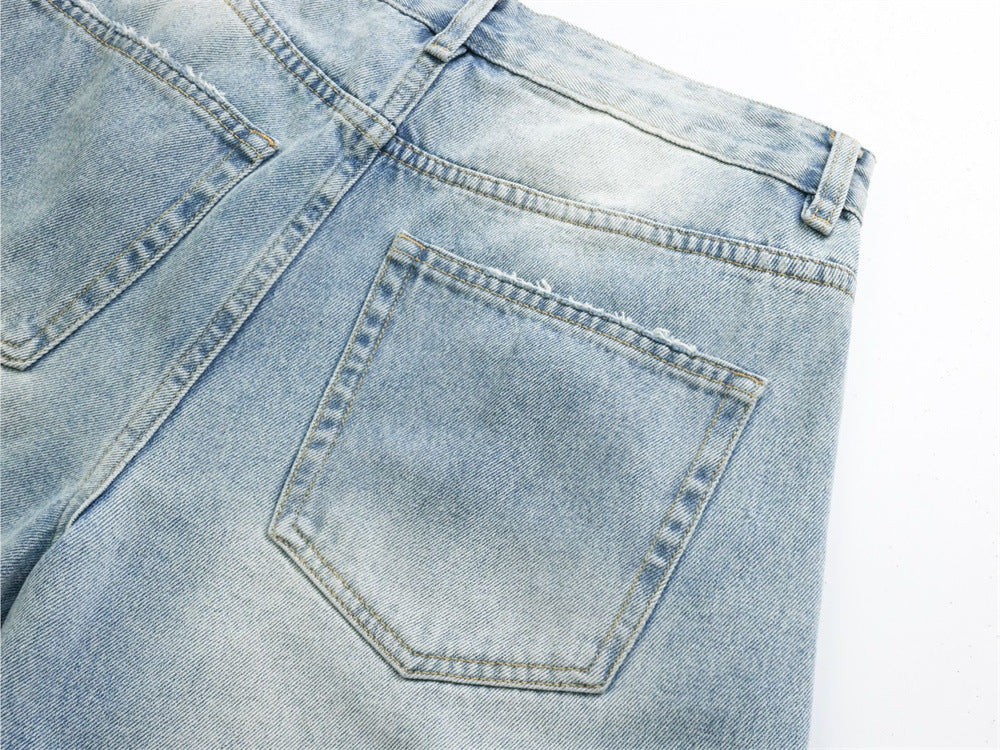 Wide-Leg Baggy Jeans – Men's Vintage Washed Light Blue Curved Hem Denim