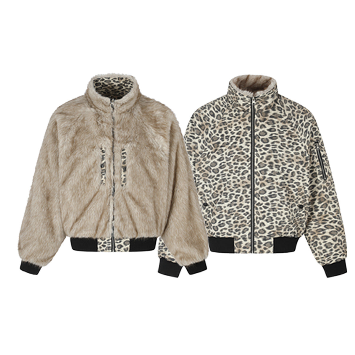 Reversible Faux Fur & Leopard Print Bomber Jacket – Oversized Retro American