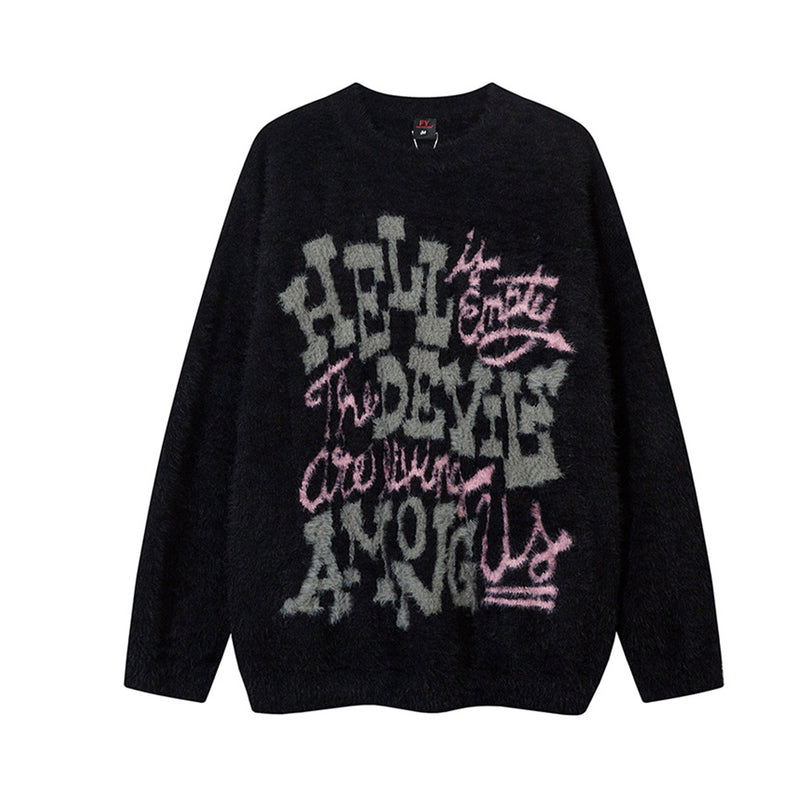 Pull oversize en maille jacquard à lettrage – Hell Is Empty, motif graffiti