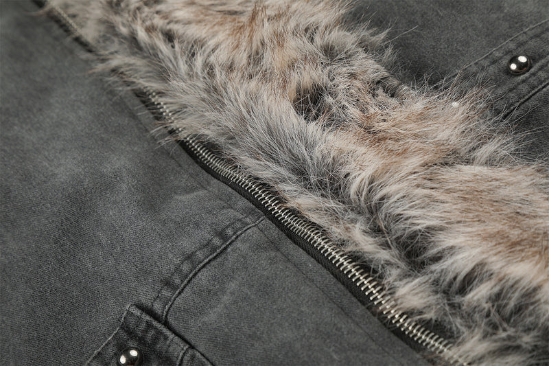Faux Fur Collar Padded Bomber Jacket – Oversized Cotton Shell