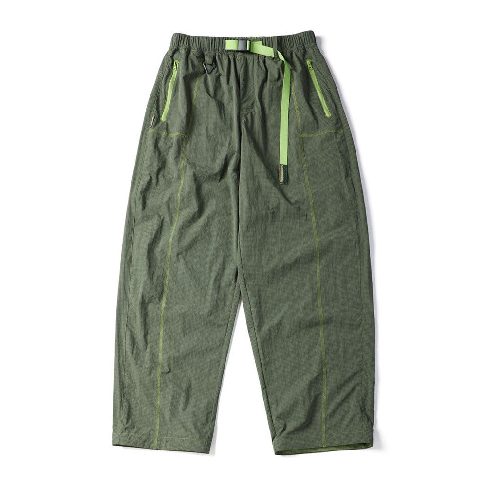 Men's Outdoor Nylon Track Pants with Belt — Contrast Stitch Wide-Leg Casual