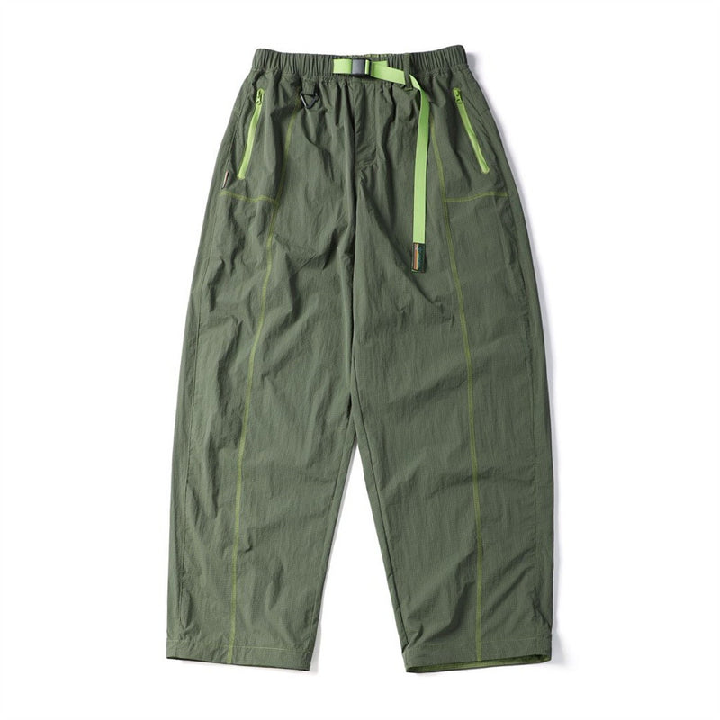 Men's Outdoor Nylon Track Pants with Belt — Contrast Stitch Wide-Leg Casual