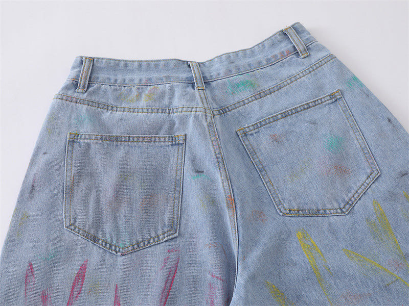 Hand-Painted Graffiti Denim Shorts – Wide-Leg Washed Jean Shorts