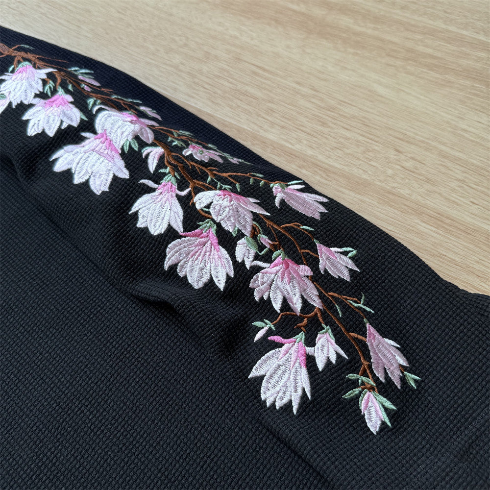 Mens Embroidered T Shirt – Floral Cherry Blossom Long Sleeve Crew Neck