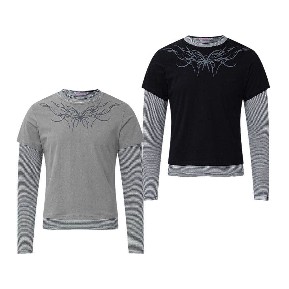 T-shirt graphique gris pour homme – Manches rayées superposées, imprimé tribal et manches longues