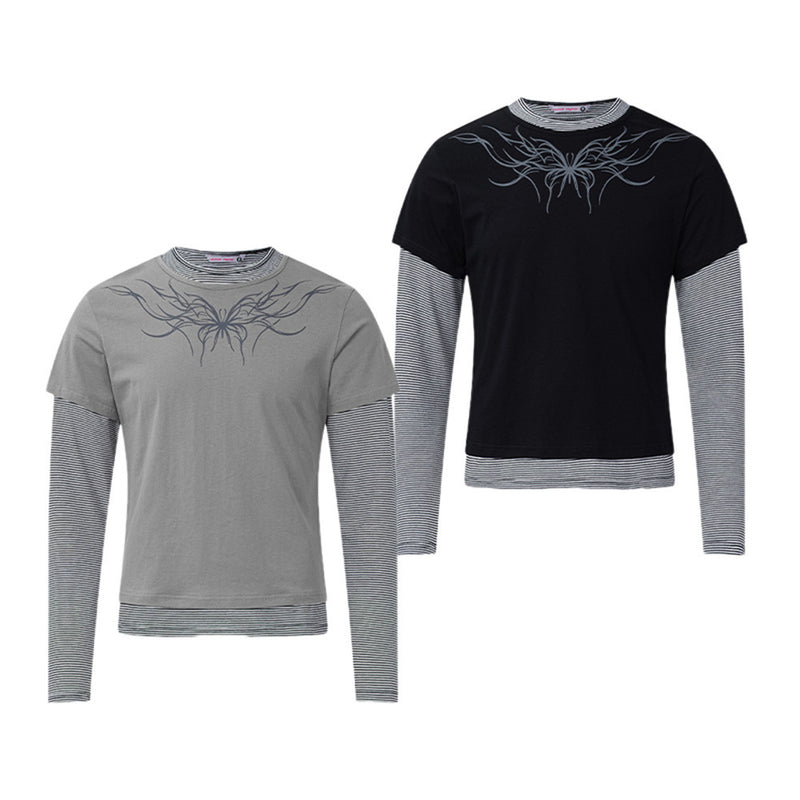T-shirt graphique gris pour homme – Manches rayées superposées, imprimé tribal et manches longues