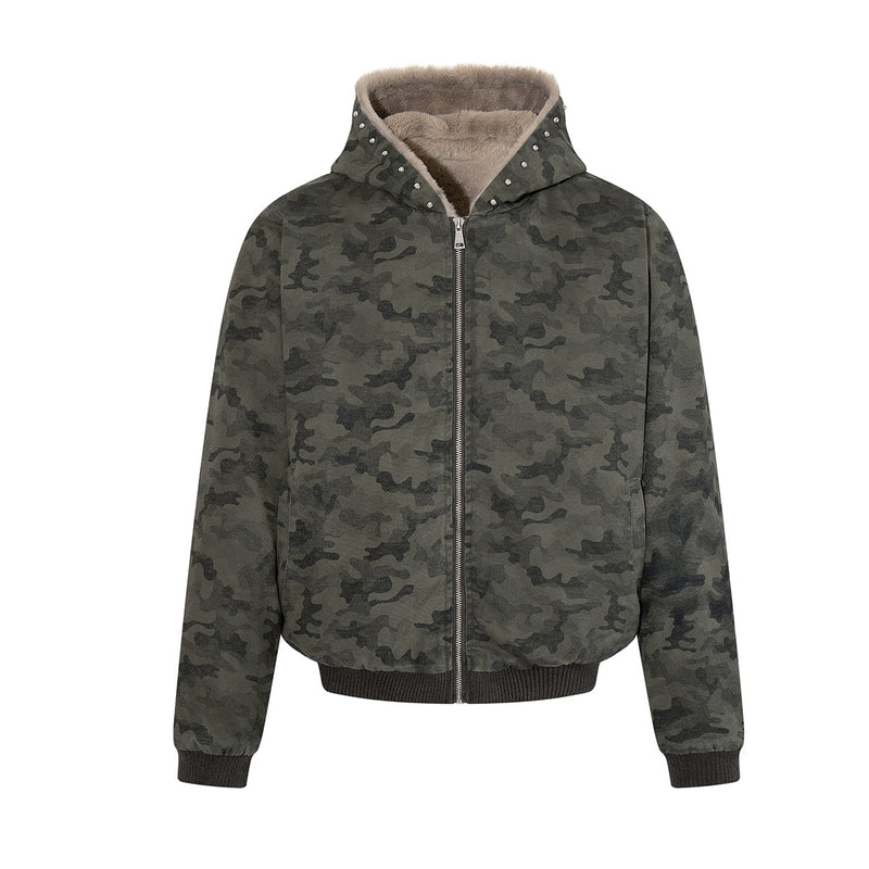 Camo Sherpa-Lined Hooded Bomber Jacket with Studded Hood