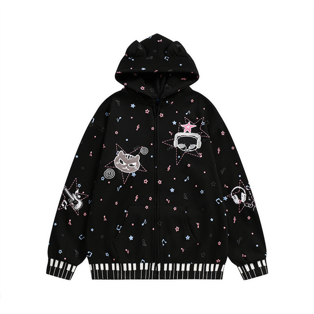 Cat Ear Zip-Up Hoodie with All-Over Music Note & Cartoon Print