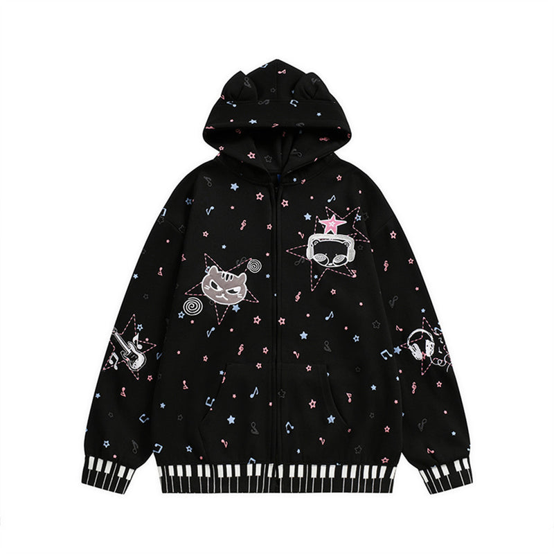 Cat Ear Zip-Up Hoodie with All-Over Music Note & Cartoon Print