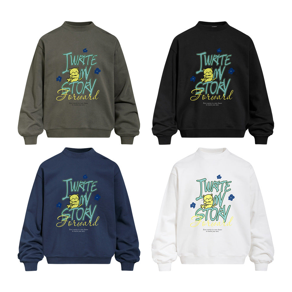 Oversized crewneck sweatshirt with cartoon cat and 'I Write My Story Forward' graffiti graphic print on chest, shown in navy