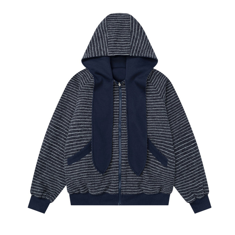 Sudadera con capucha y cremallera de rayas con orejas de conejo — Cárdigan reversible de doble cara